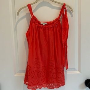 Jade coral eyelet top with side tie and scalloped hem, size S